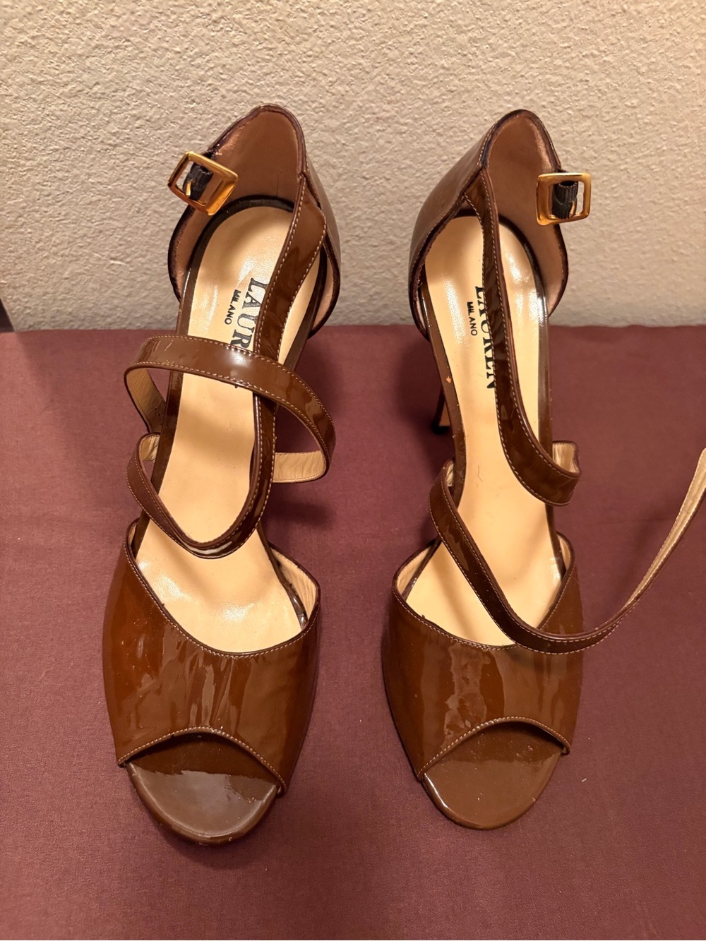 Lauren Brown Patent Leather Peep-Toe Heels
